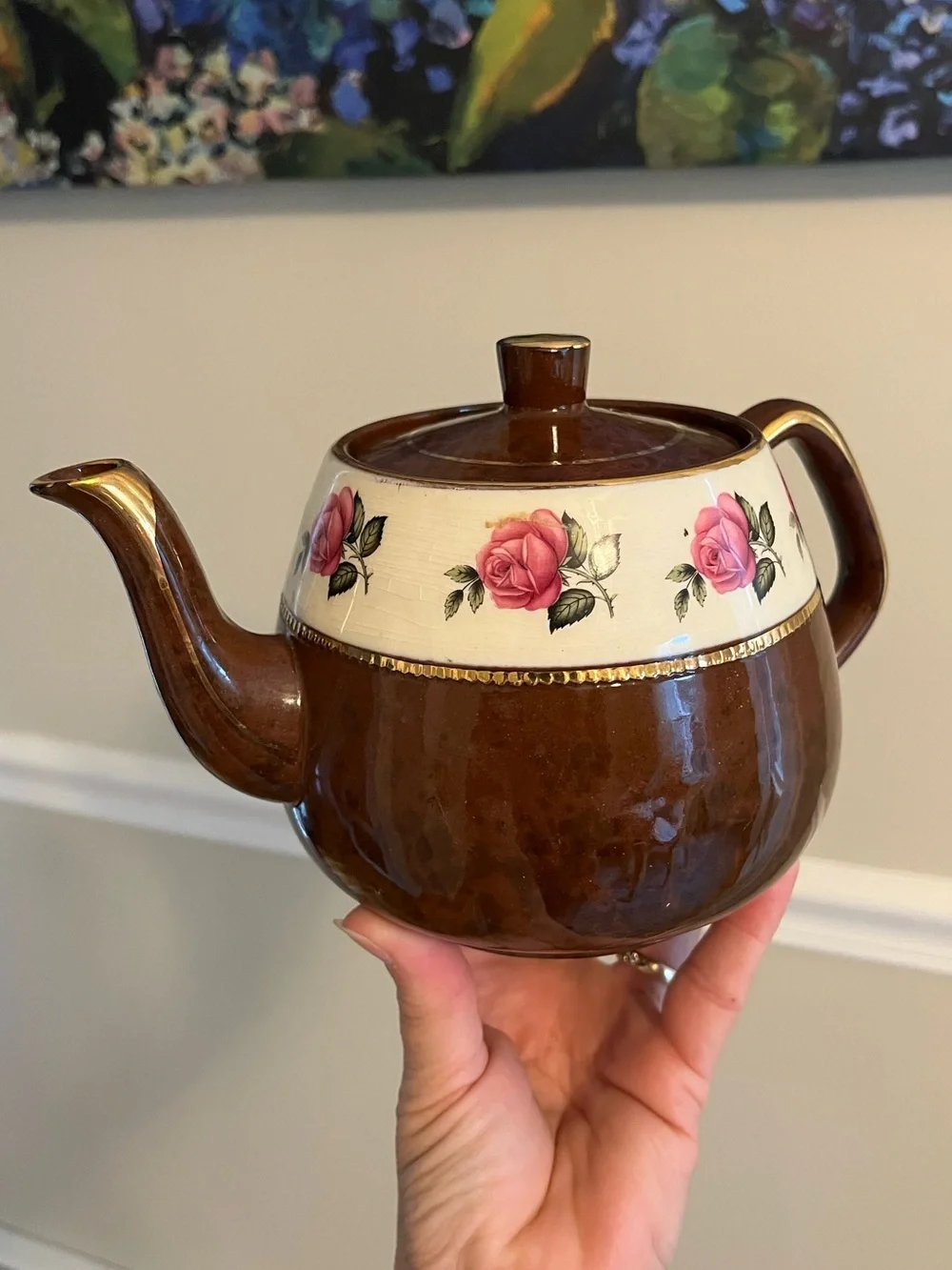 Vintage Arthur Wood Brown Teapot with Pink Rose Band 4.5 Cups